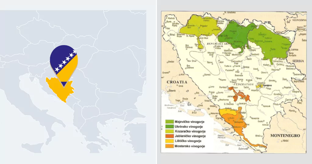 A two part illustration of Bosnia and Herzegovina on the map of Europe on the left side and on the right side positions of wine regions within that country.