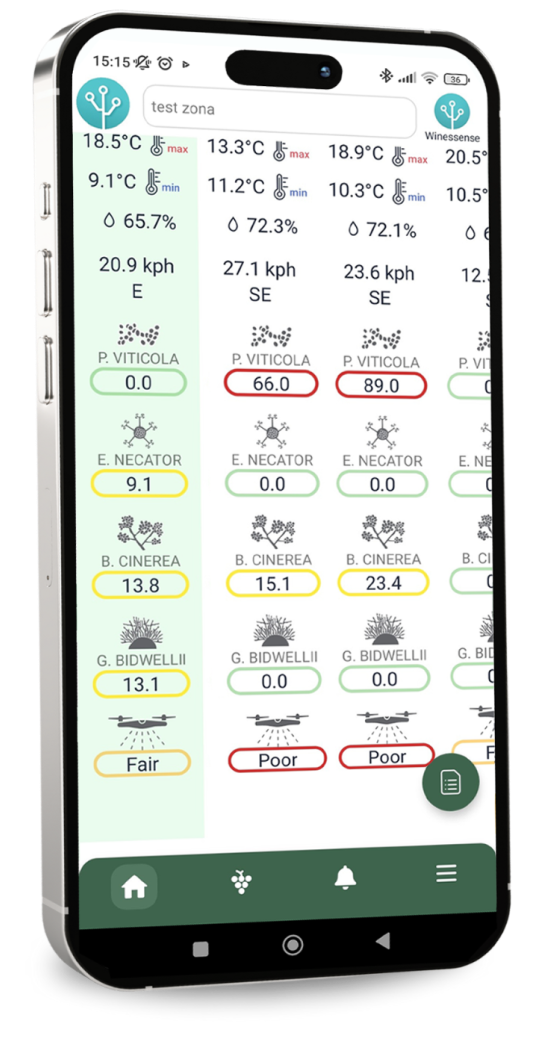 screenshot from winessense mobile app showcasing the view of the current data section to help users see the disease pressures of their vineyards